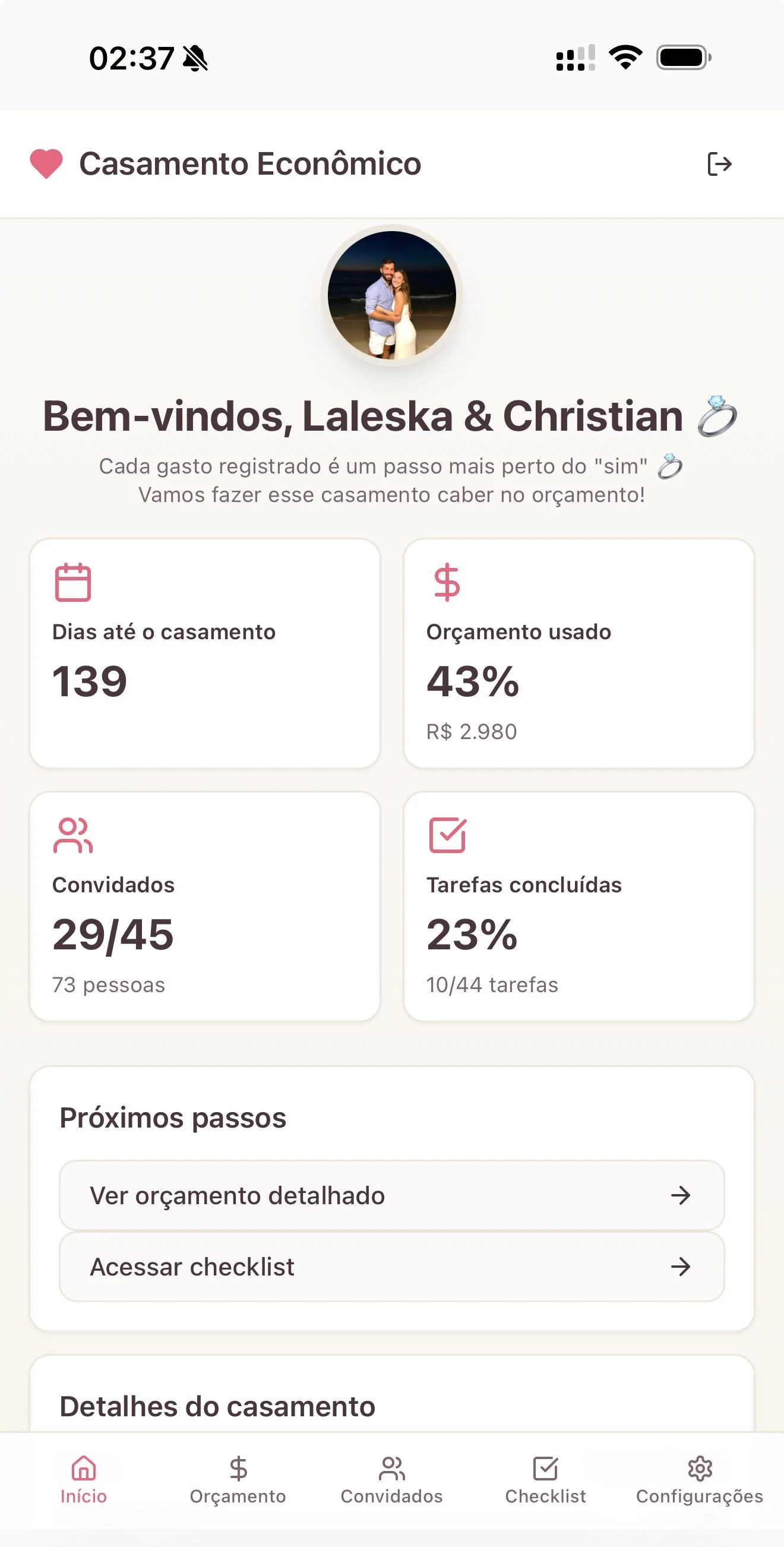 Dashboard do aplicativo